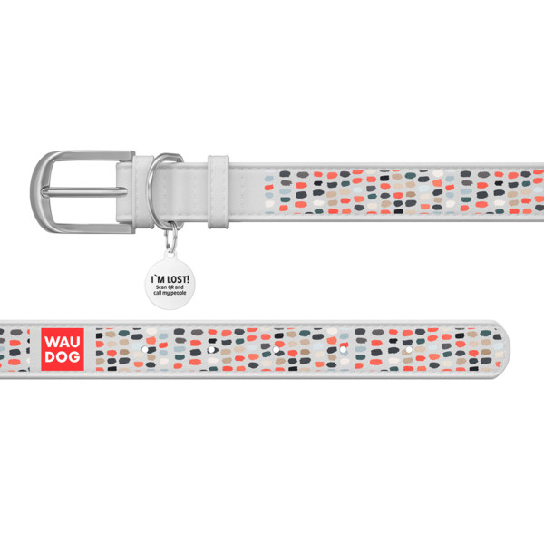 Нашийник WAUDOG Design з малюнком "Веселі крапки", преміум шкіра, металева пряжка (ширина 15 мм, довжина 27-36 см) білий