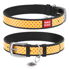Нашийник WAUDOG Design з малюнком "Жовта полька", преміум шкіра, металева пряжка (ширина 20 мм, довжина 30-39 см) чорний