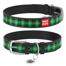 Нашийник WAUDOG Design з малюнком "Шотландка зелена", преміум шкіра, металева пряжка (ширина 20 мм, довжина 30-39 см) чорний