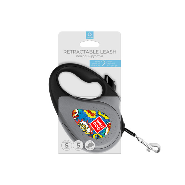 Поводок-рулетка для собак WAUDOG R-leash, рисунок "ВАУ", S, до 15 кг, 5 м, светоотражающая черная лента