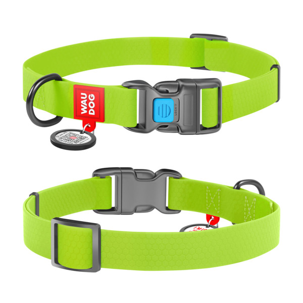 Нашийник для собак водостійкий WAUDOG Waterproof c QR паспортом, пластикова пряжка-фастекс, Ш 20 мм, Дов 28-40 см, салатовий
