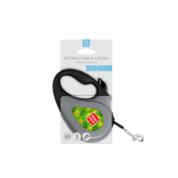 Повідець-рулетка для собак WAUDOG R-leash, малюнок "Авокадо", XS, до 12 кг, 3 м, світловідбиваюча стрічка чорний