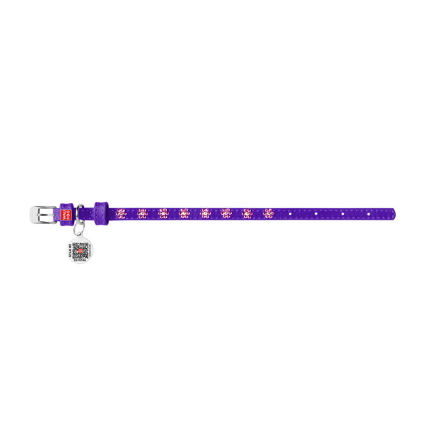 Ошейник для собак кожаный WAUDOG Glamour с QR паспортом, с клеевыми стразами "Цветы", Ш 9 мм, Длин 18-21 см фиолетовый