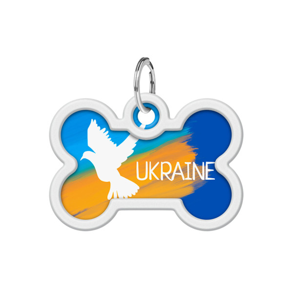 Адресник для собак і котів металевий WAUDOG Smart ID з QR паспортом, малюнок "Прапор", кістка, Д 40 мм, Ш 28 мм