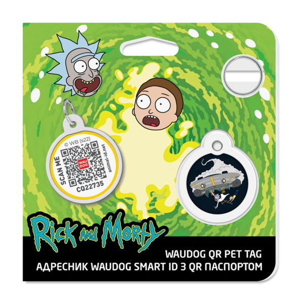 Адресник для собак і котів металевий WAUDOG Smart ID з QR паспортом, малюнок "Рік та Морті 1", коло, Д 25 мм