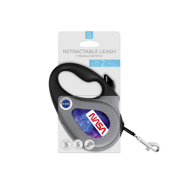 Поводок-рулетка для собак WAUDOG R-leash, рисунок "NASA21", S, до 15 кг, 5 м, светоотражающая лента черный