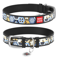 Ошейник WAUDOG Design с рисунком "Капитан", премиум кожа, металлическая пряжка (ширина 20 мм, длина 30-39 см) черный