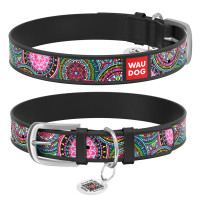 Ошейник WAUDOG Design с рисунком "Мандалы", премиум кожа, металлическая пряжка (ширина 20 мм, длина 30-39 см) черный