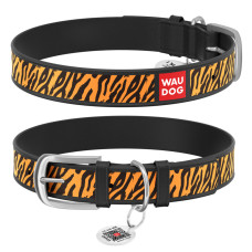 Нашийник WAUDOG Design з малюнком "Тигр", преміум шкіра, металева пряжка (ширина 15 мм, довжина 27-36 см) чорний
