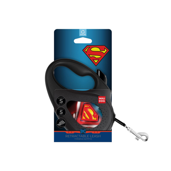 Поводок-рулетка для собак WAUDOG R-leash, рисунок "Супермен Лого", S, до 15 кг, 5 м, светоотражающая лента