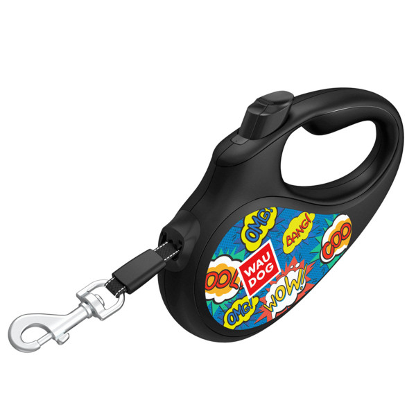 Повідець-рулетка для собак WAUDOG R-leash, малюнок "ВАУ", M, до 25 кг, 5 м, світловідбиваюча стрічка чорний