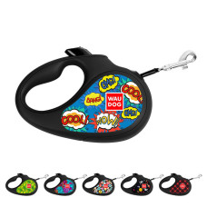 Повідець-рулетка для собак WAUDOG R-leash, малюнок "ВАУ", M, до 25 кг, 5 м, світловідбиваюча стрічка чорний