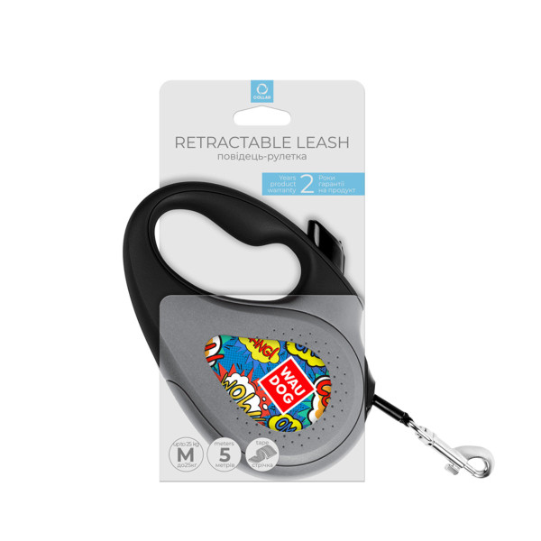 Повідець-рулетка для собак WAUDOG R-leash, малюнок "ВАУ", M, до 25 кг, 5 м, світловідбиваюча стрічка чорний