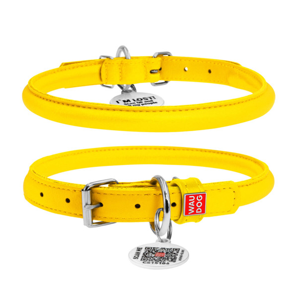 Ошейник для собак кожаный WAUDOG Glamour с QR паспортом, круглый, Д 10 мм, Длин 39-47 см желтый