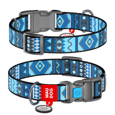 Ошейник для собак нейлоновый WAUDOG Nylon с QR паспортом, рисунок "Этно синий", пластиковый фастекс, Ш 25 мм, Длин 37-58 см
