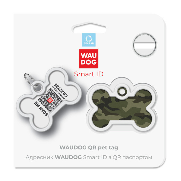 Адресник для собак і котів металевий WAUDOG Smart ID з QR паспортом, малюнок "Камо зелений", кістка, Д 40 мм, Ш 28 мм