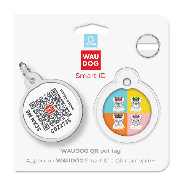 Адресник для собак і котів металевий WAUDOG Smart ID з QR паспортом, малюнок "Французький бульдог", коло, Д 30 мм