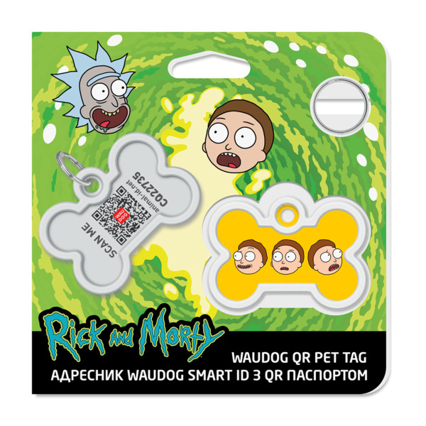 Адресник для собак і котів металевий WAUDOG Smart ID з QR паспортом, малюнок "Рік та Морті 2", кістка, Д 40 мм, Ш 28 мм