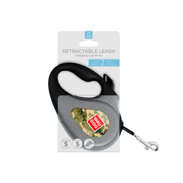Повідець-рулетка для собак WAUDOG R-leash, малюнок "Мілітарі", S, до 15 кг, 5 м, світловідбиваюча стрічка