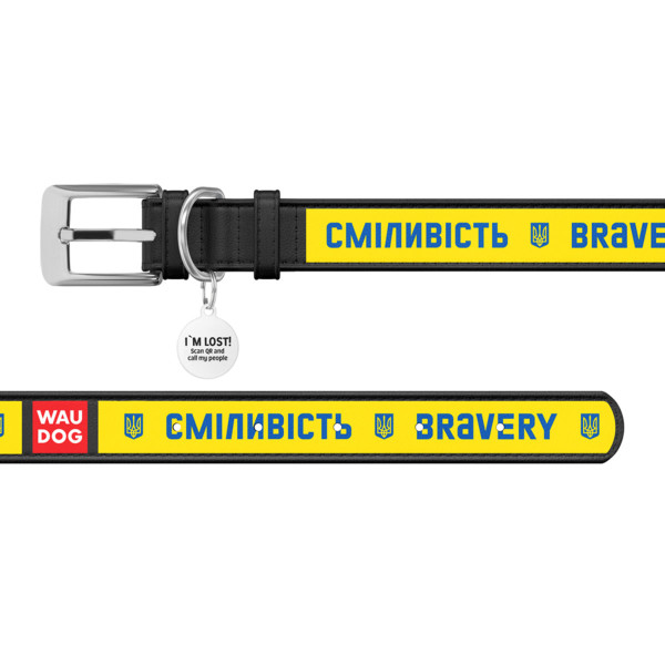 Нашийник для собак шкіряний WAUDOG Design з QR паспортом, малюнок "Сміливість", M, Ш 20 мм, Дов 29-38 см, чорний