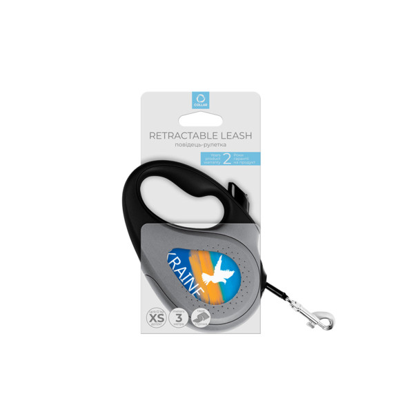 Повідець-рулетка для собак WAUDOG R-leash, малюнок "Прапор", XS, до 12 кг, 3 м, світловідбиваюча стрічка чорний