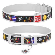 Нашийник для собак шкіряний WAUDOG Design з QR паспортом, малюнок "NASA", Ш 35 мм, Дов 46-59 см, білий