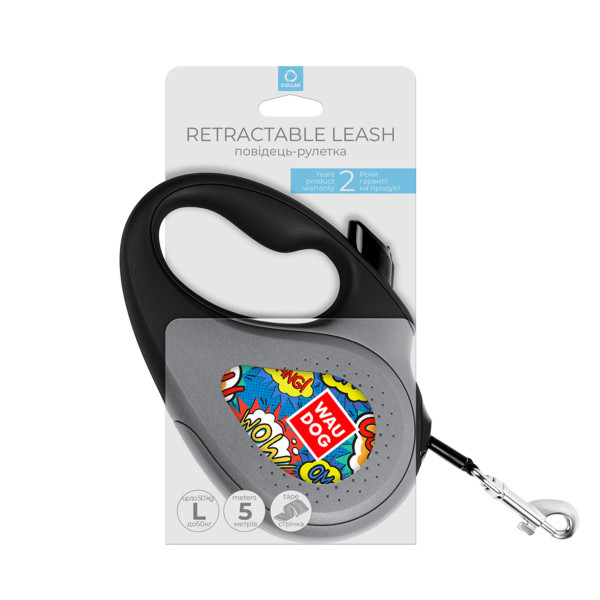 Поводок-рулетка для собак WAUDOG R-leash, рисунок "ВАУ", L, до 50 кг, 5 м, светоотражающая лента