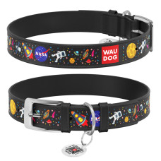 Нашийник для собак шкіряний WAUDOG Design з QR паспортом, малюнок "NASA", Ш 12 мм, Дов 20-28 см, чорний