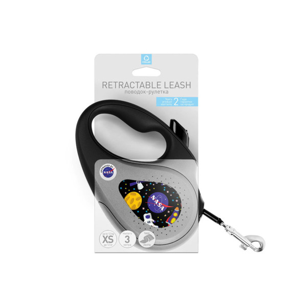 Поводок-рулетка для собак WAUDOG R-leash, рисунок "NASA", XS, до 12 кг, 3 м, светоотражающая лента черный
