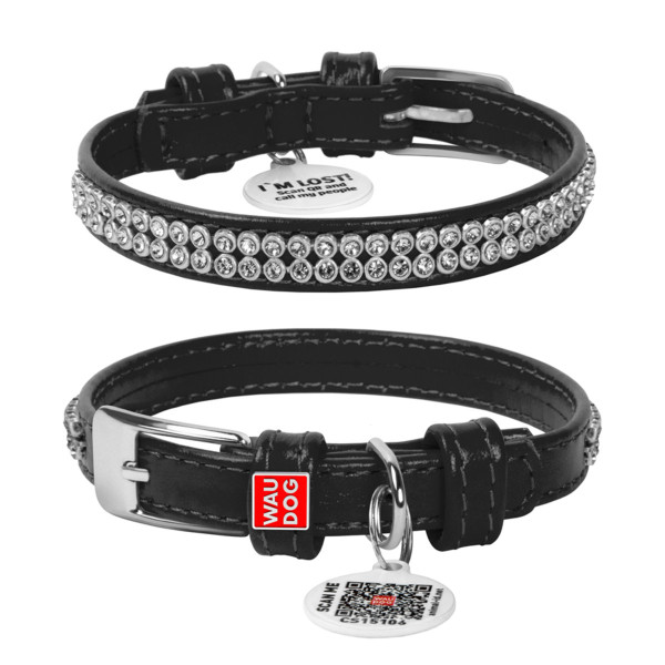 Нашийник для собак шкіряний WAUDOG Glamour з QR паспортом, з прикрасою "Полотно стрази", Ш 12 мм, Дов 21-29 см чорний