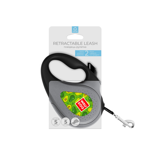 Повідець-рулетка для собак WAUDOG R-leash, малюнок "Авокадо", S, до 15 кг, 5 м, світловідбиваюча стрічка чорний