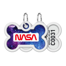 Адресник для собак і котів металевий WAUDOG Smart ID з QR паспортом, малюнок "NASA21", кістка, Д 40 мм, Ш 28 мм