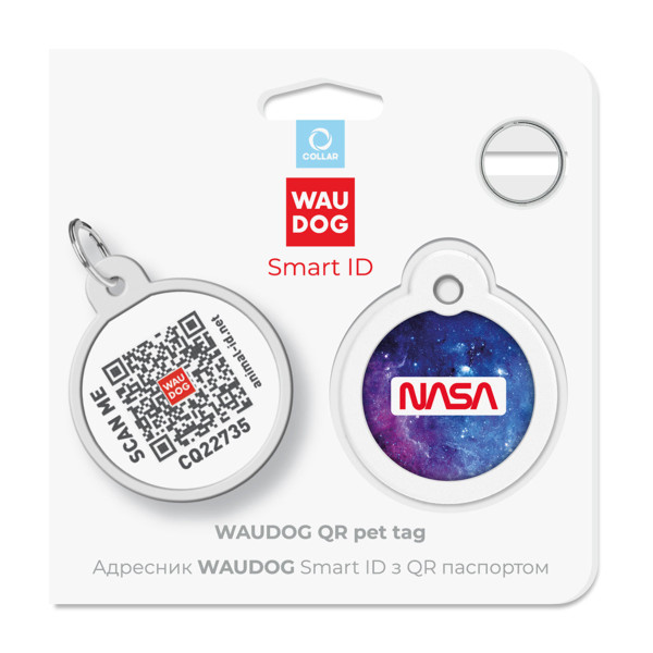 Адресник для собак і котів металевий WAUDOG Smart ID з QR паспортом, малюнок "NASA21", коло, Д 30 мм