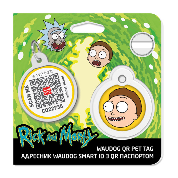 Адресник для собак і котів металевий WAUDOG Smart ID з QR паспортом, малюнок "Рік та Морті 2", коло, Д 30 мм