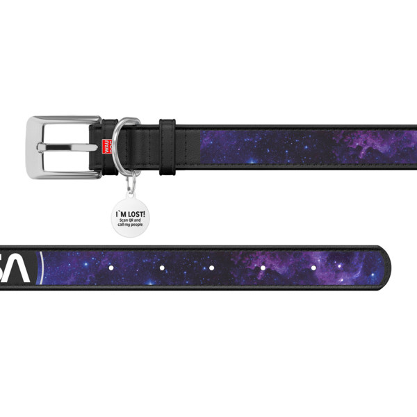 Нашийник для собак шкіряний WAUDOG Design з QR паспортом, малюнок "NASA21", XS, Ш 15 мм, Д 26-35 см, чорний