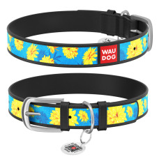 Нашийник WAUDOG Design з малюнком "Квіти на блакитному", преміум шкіра, металева пряжка (ширина 35 мм, довжина 46-60 см) чорний