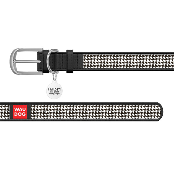 Нашийник WAUDOG Design з малюнком "Шанель", преміум шкіра, металева пряжка (ширина 25 мм, довжина 38-49 см) чорний