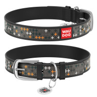 Ошейник WAUDOG Design с рисунком "Крестики", премиум кожа, металлическая пряжка (ширина 12 мм, длина 19-25 см) черный