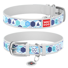 Нашийник WAUDOG Design з малюнком "Морський", преміум шкіра, металева пряжка (ширина 15 мм, довжина 27-36 см) білий