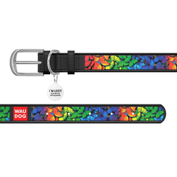Нашийник WAUDOG Design з малюнком "Райдужні метелики", преміум шкіра, металева пряжка (ширина 20 мм, довжина 30-39 см) чорний
