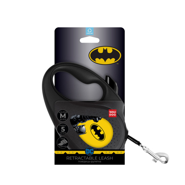 Повідець-рулетка для собак WAUDOG R-leash, малюнок "Бетмен Жовтий", M, до 25 кг, 5 м, світловідбиваюча стрічка чорний