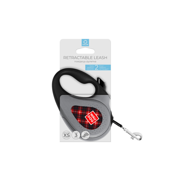 Повідець-рулетка для собак WAUDOG R-leash, малюнок "Шотландка", XS, до 12 кг, 3 м, світловідбиваюча стрічка чорний