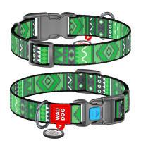 Ошейник для собак нейлоновый WAUDOG Nylon с QR паспортом, рисунок "Этно зеленый", пластиковый фастекс, Ш 25 мм, Длин 33-49 см