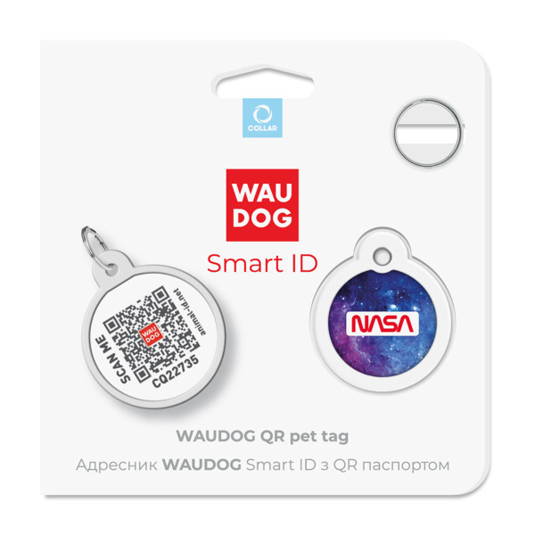 Адресник для собак і котів металевий WAUDOG Smart ID з QR паспортом, малюнок "NASA21", коло, Д 25 мм