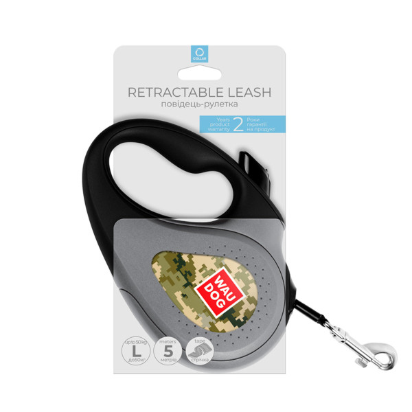 Повідець-рулетка для собак WAUDOG R-leash, малюнок "Мілітарі", L, до 50 кг, 5 м, світловідбиваюча стрічка