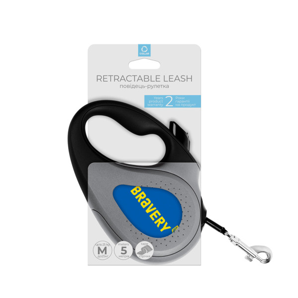 Повідець-рулетка для собак WAUDOG R-leash, малюнок "Сміливість", M, до 25 кг, 5 м, світловідбиваюча стрічка чорний