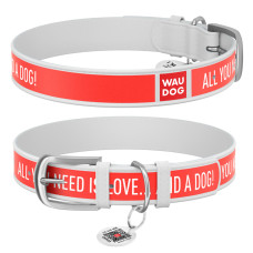 Нашийник WAUDOG Design з малюнком "Любов і собаки", преміум шкіра, металева пряжка (ширина 20 мм, довжина 30-39 см) білий