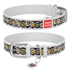 Нашийник WAUDOG Design з малюнком "Ромашка", преміум шкіра, металева пряжка (ширина 12 мм, довжина 21-29 см) білий