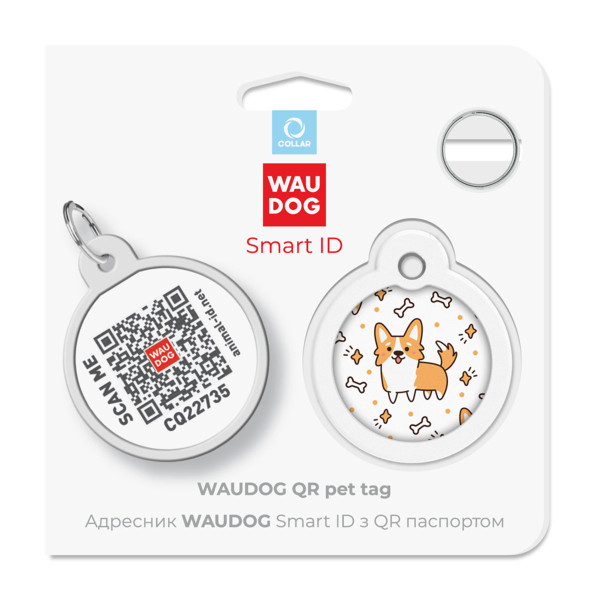 Адресник для собак и кошек металлический WAUDOG Smart ID с QR паспортом, рисунок "Корги", круг, Д 30 мм