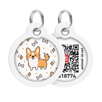 Адресник для собак і котів металевий WAUDOG Smart ID з QR паспортом, малюнок "Коргі", коло, Д 30 мм